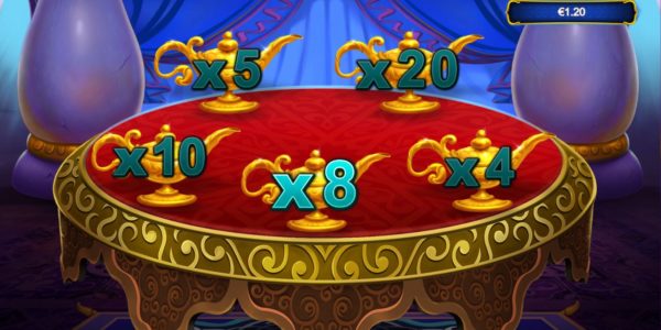 Golden lamps are one of the many themed symbols in this slot game acting as Multipliers